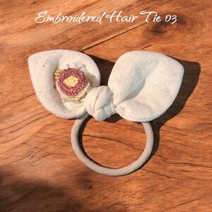Embroidered Hair Tie with Bow - Cream and Pink
